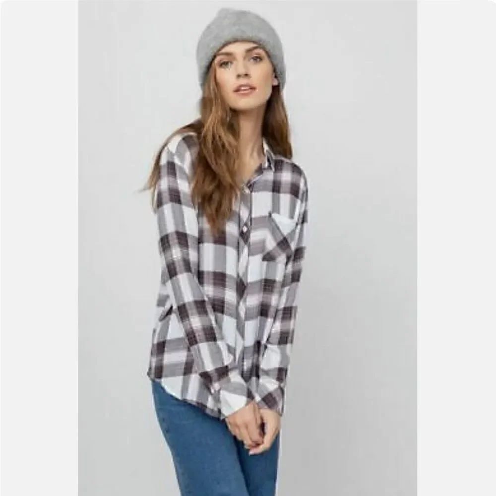 RAILS Hunter plaid Shirt White Grey Peach button down long sleeve top